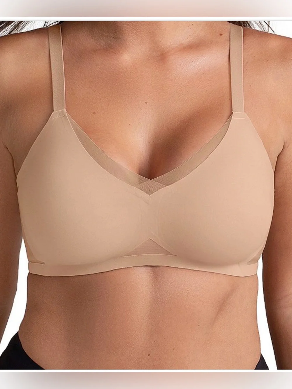 Honeylove Wire Free Cross Over Bra Nude sz L Mesh Trendy Comfy